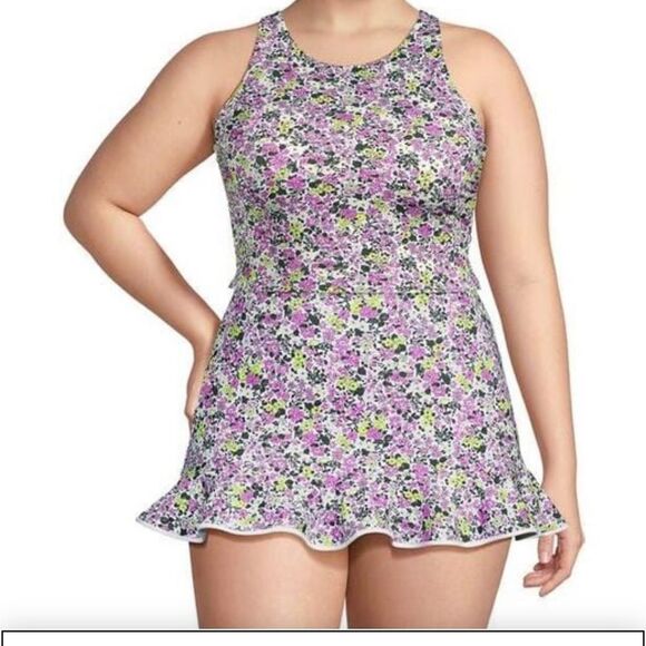 Land's End Racer Back High Neck Tankini top white multi ditzy floral Various - Picture 2 of 10